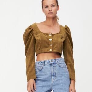 Zara Corduroy Crop Top Puff Sleeve Button Front Size XS NEW